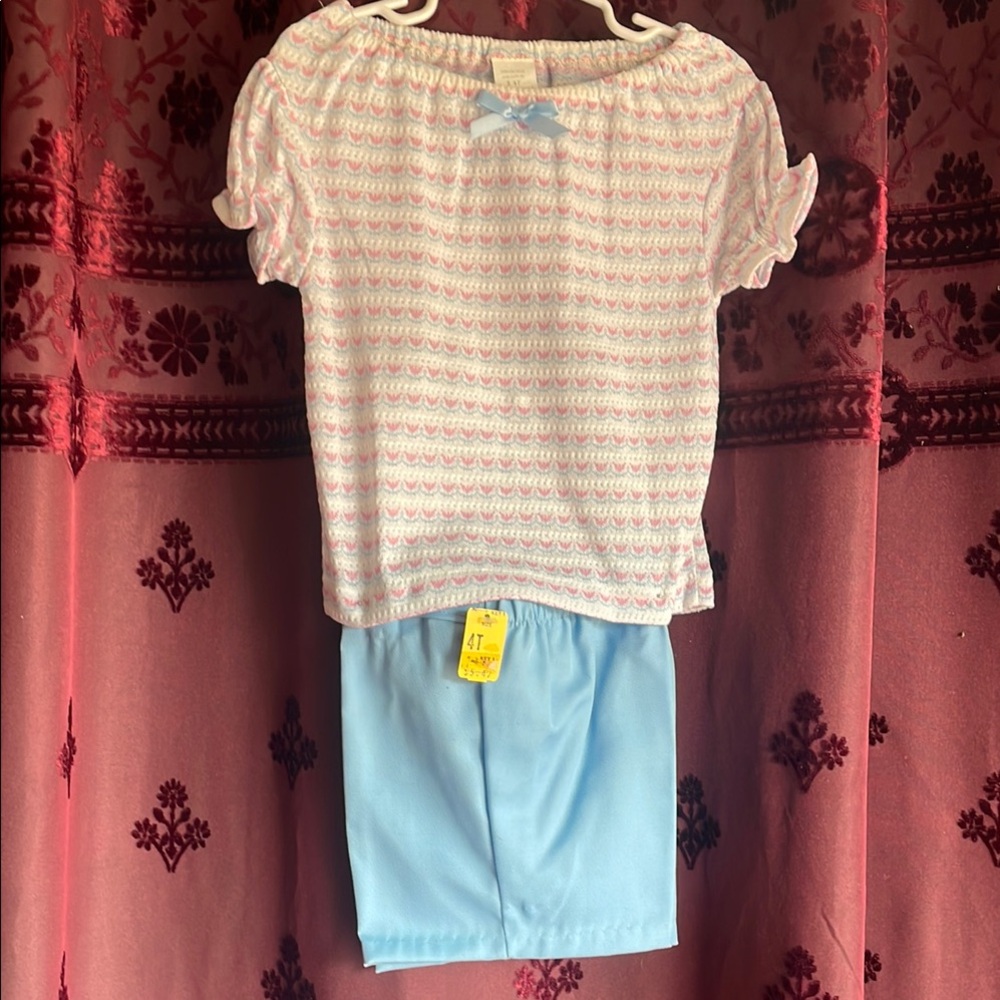 Vintage Headstock Set White and Blue Ruffled Top with Blue Shorts Kids Size 4T